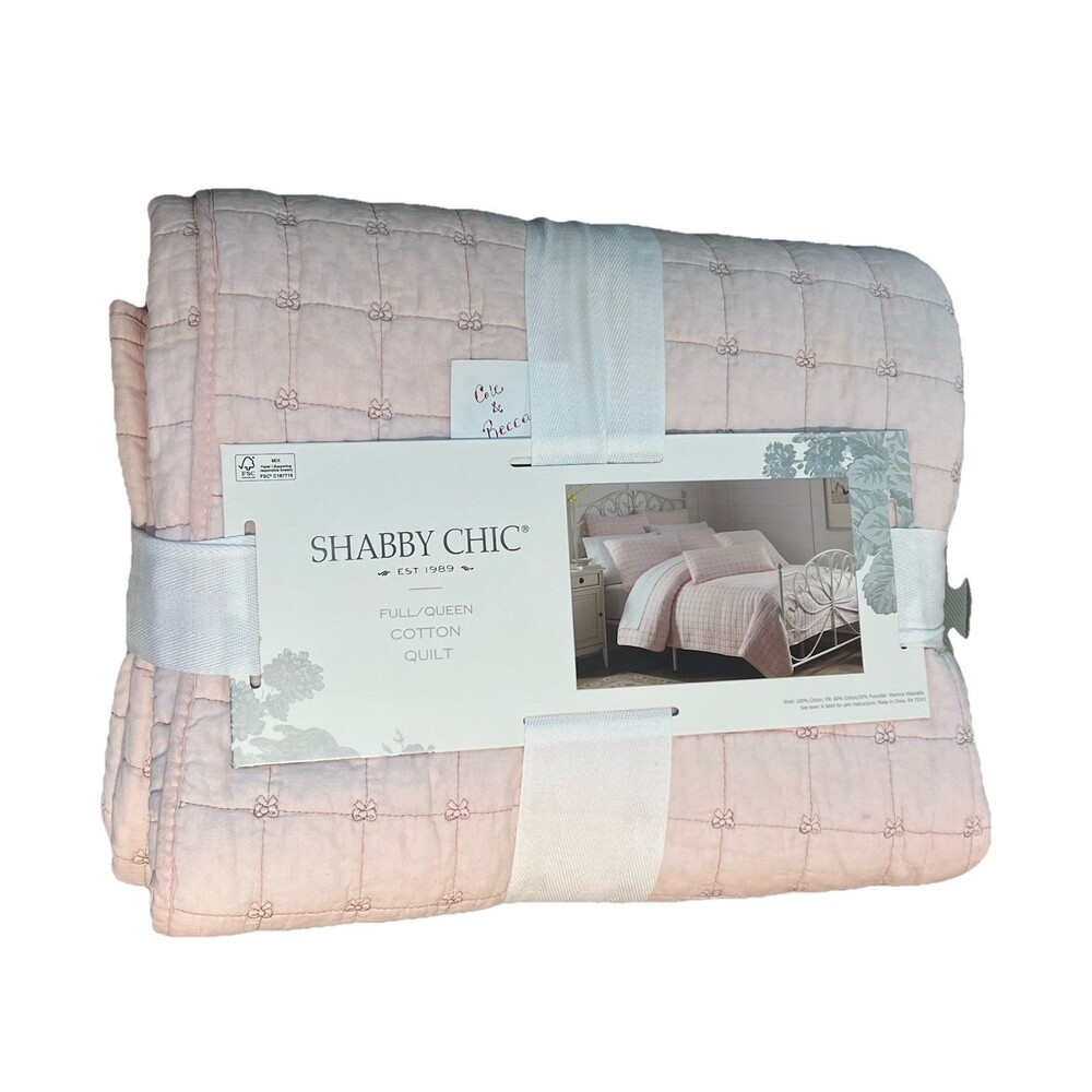 Shabby Chic Full/Queen Pink Quilt with All Over Bow Design 88”x92” New